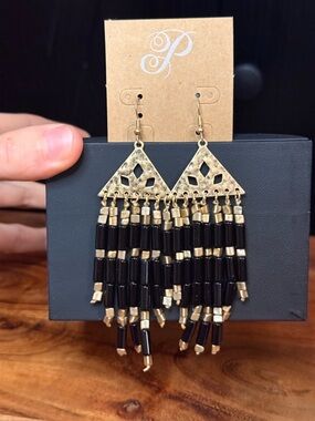 Plunder Hammered Triangle Fringe Beaded Drop Earrings
